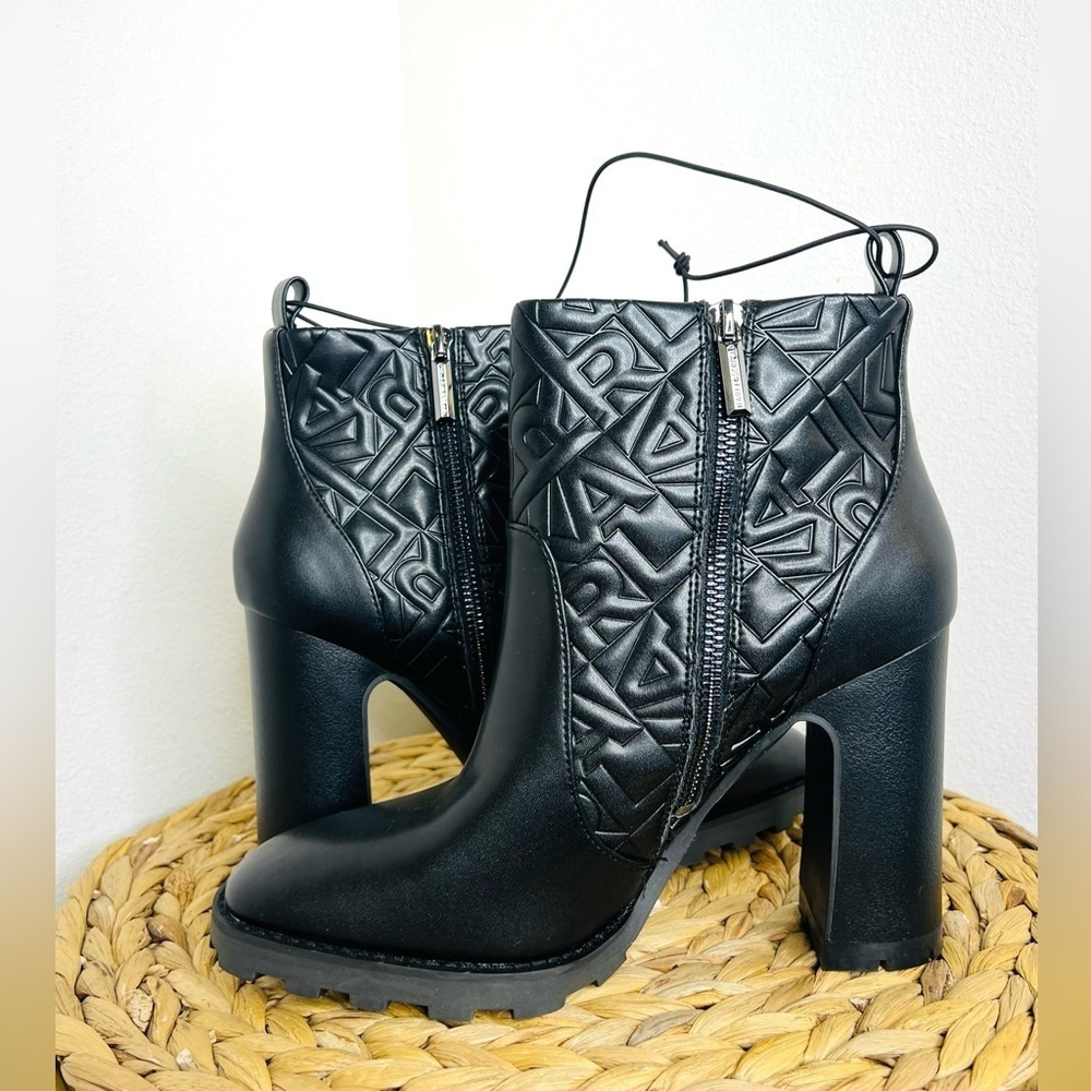 NWT Karl Lagerfeld Boots Paris Petria Logo Quilted Square Toe Black Heeled Ankle - Picture 6 of 7